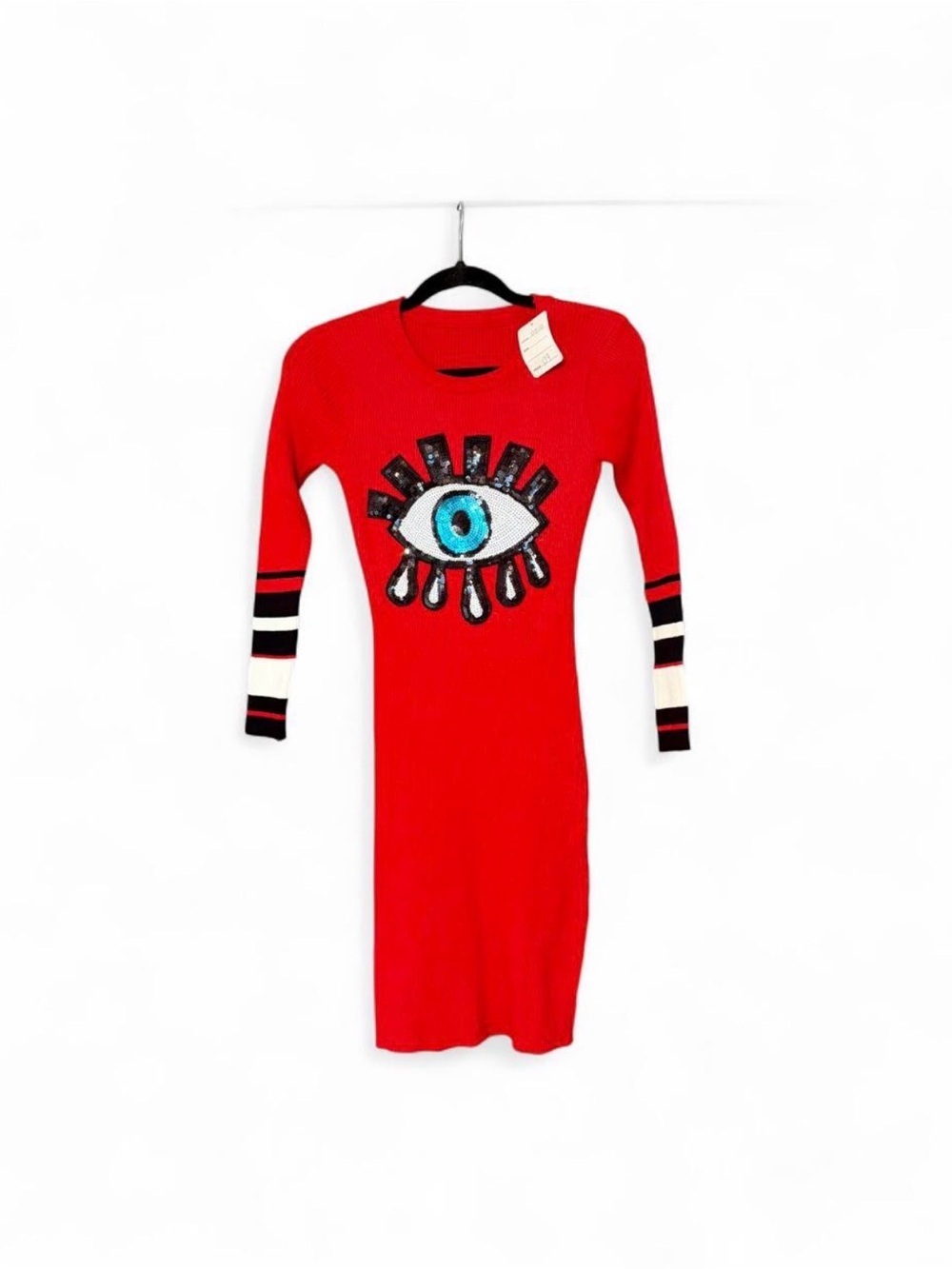 Knit Dress sequin eye ribbed womens body con small medium fall red blue black